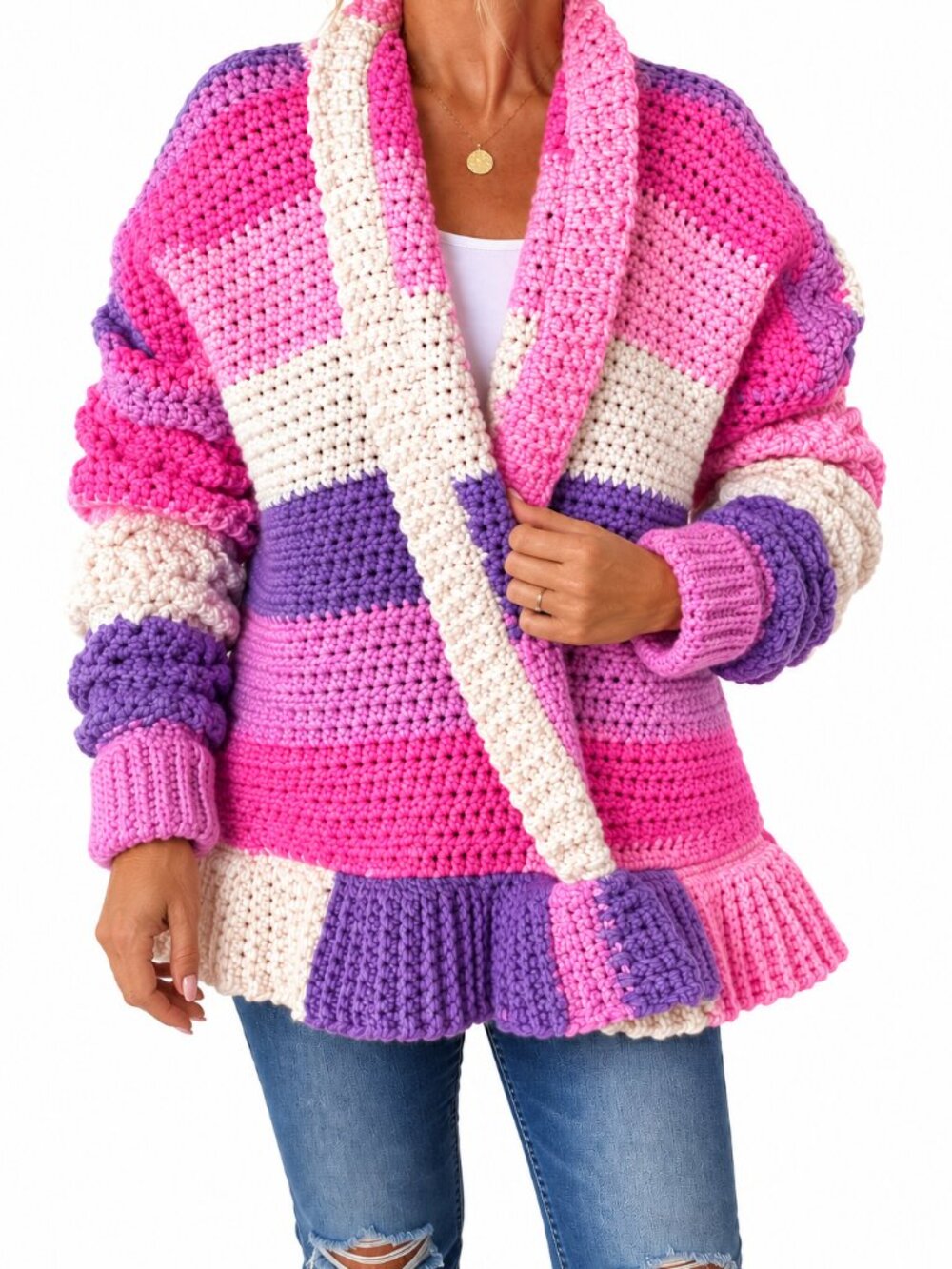 Handmade Pink Purple Crochet Wrap Cardigan Sweater Large